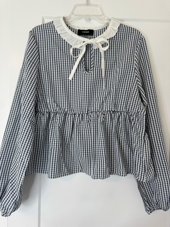 Cider Tops - Cider Navy Gingham Peplum Blouse with White Ruffle Collar
